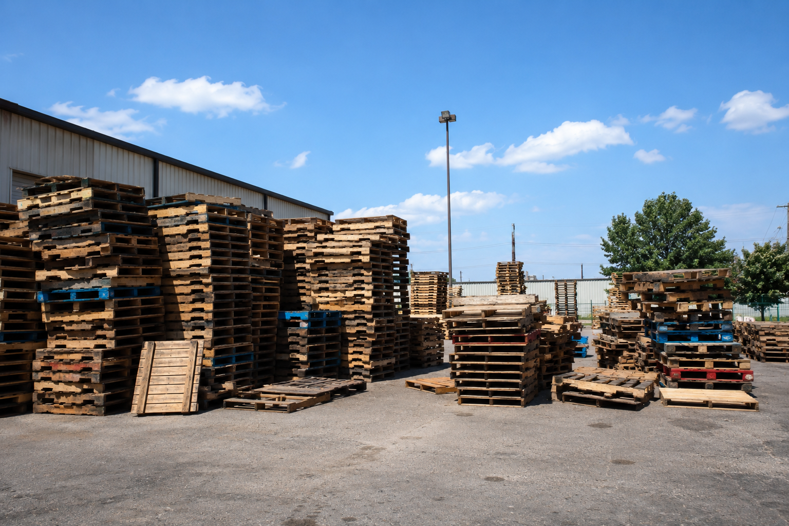 Reclaimed pallets stacked across the Cincinnati Pallet outdoor yard