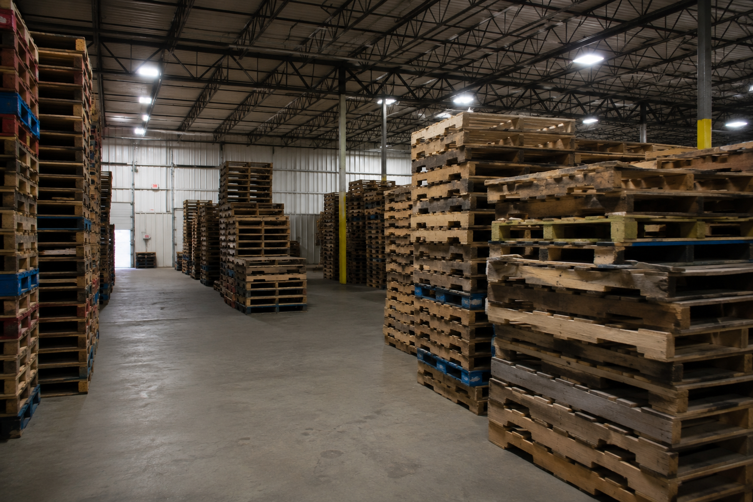 Sorted pallets along a warehouse aisle