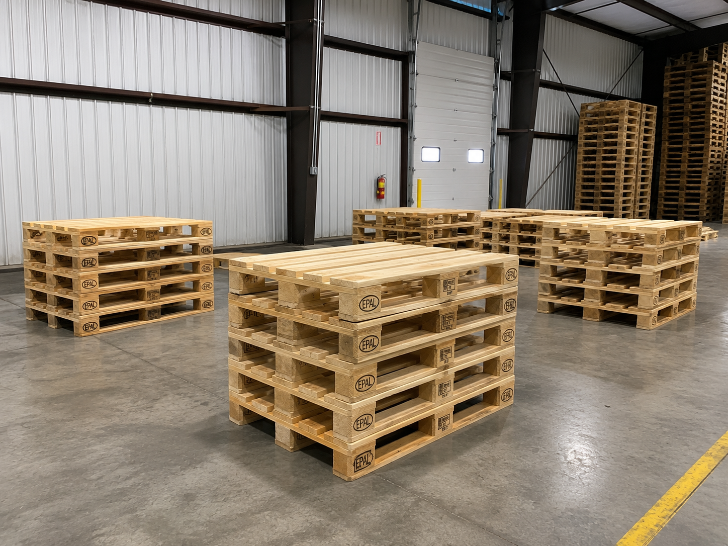 Brand-new block and stringer pallets stacked in the warehouse