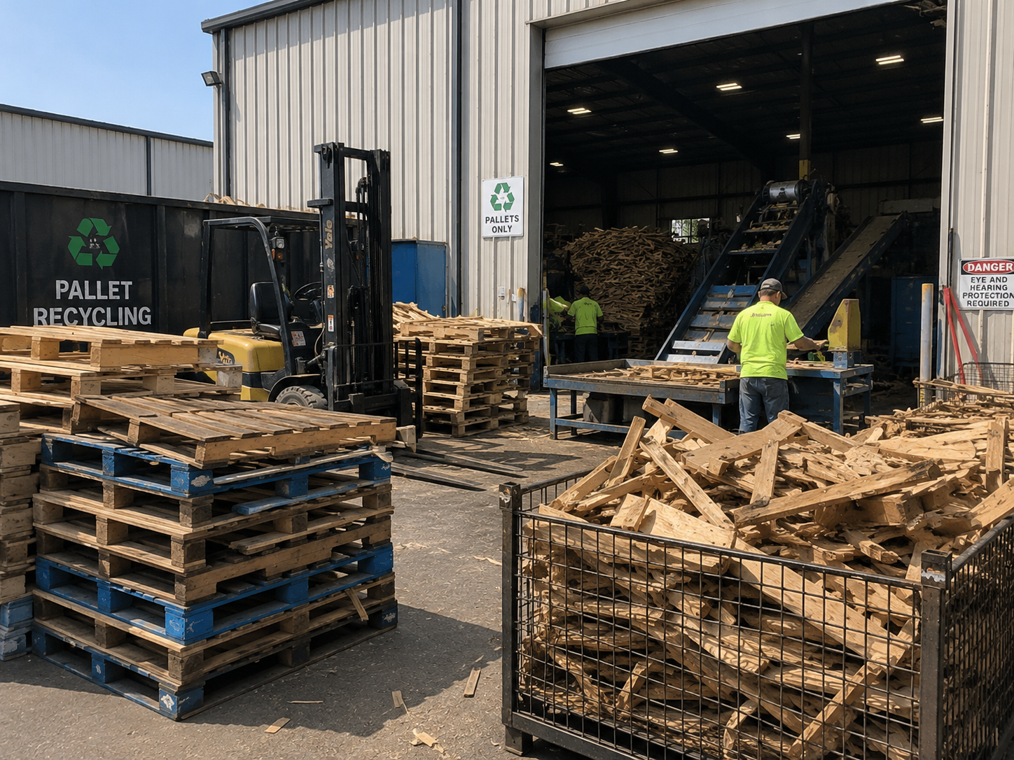 The pallet recycling line with forklift and crew