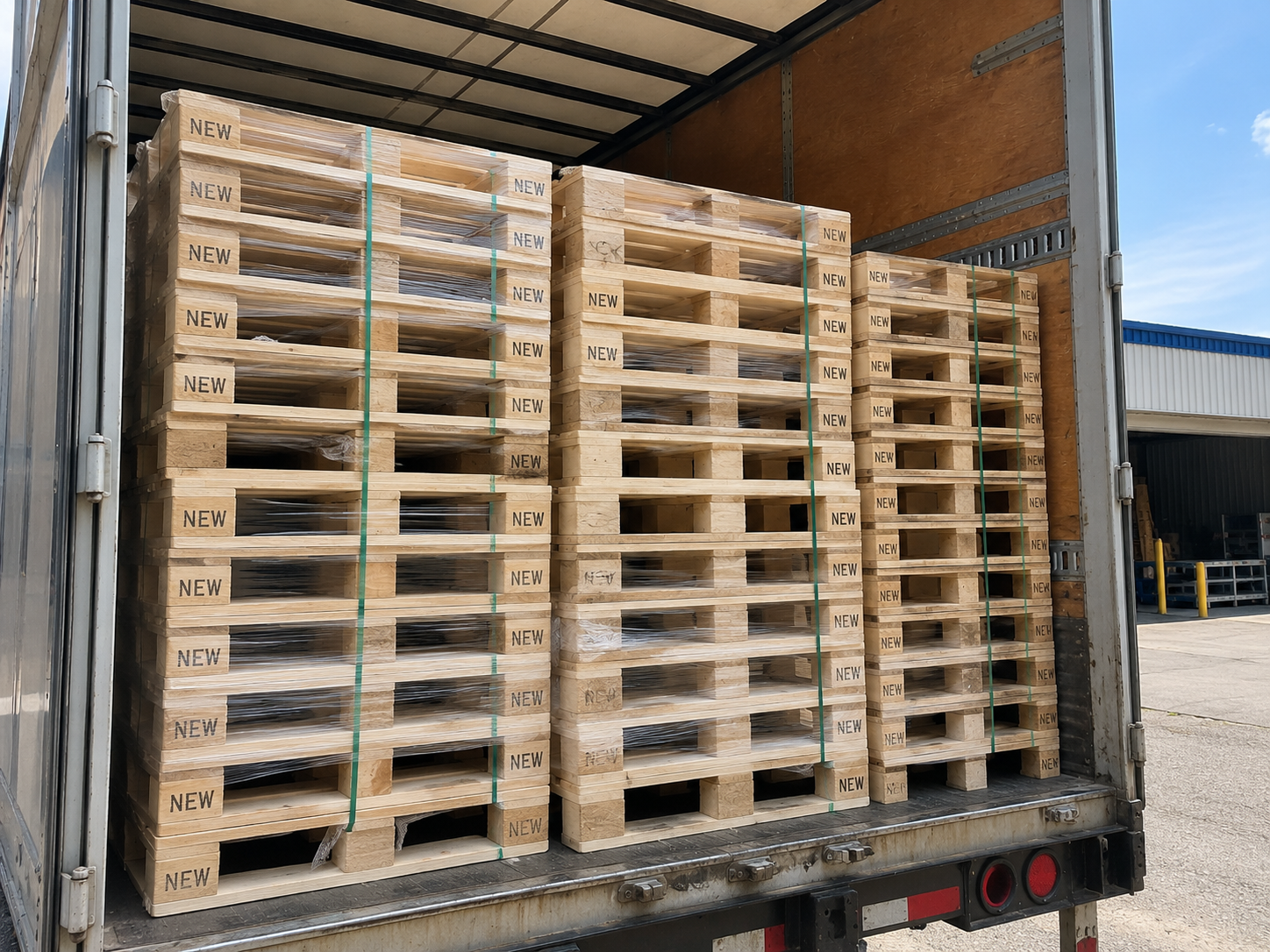 A box truck loaded with bundles of pallets for regional delivery